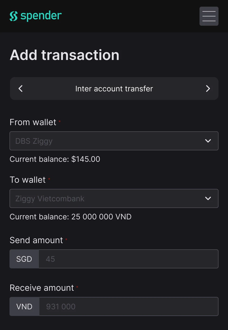 Spender inter wallet transfer screen